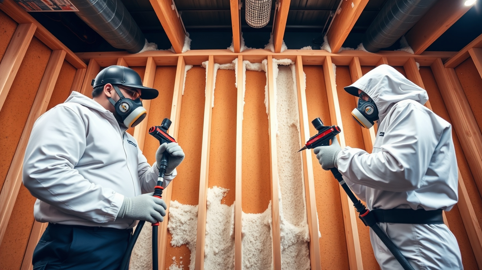 Instructor and student in full PPE applying spray foam insulation to a wood-frame wall in a hands-on training bay