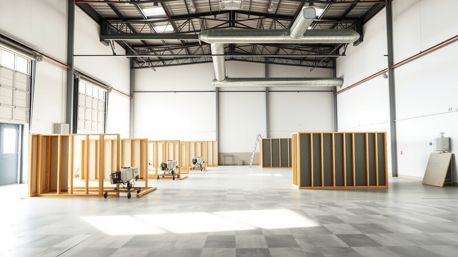 Wide interior view of an insulation training facility with multiple training bays and wood-frame wall sections