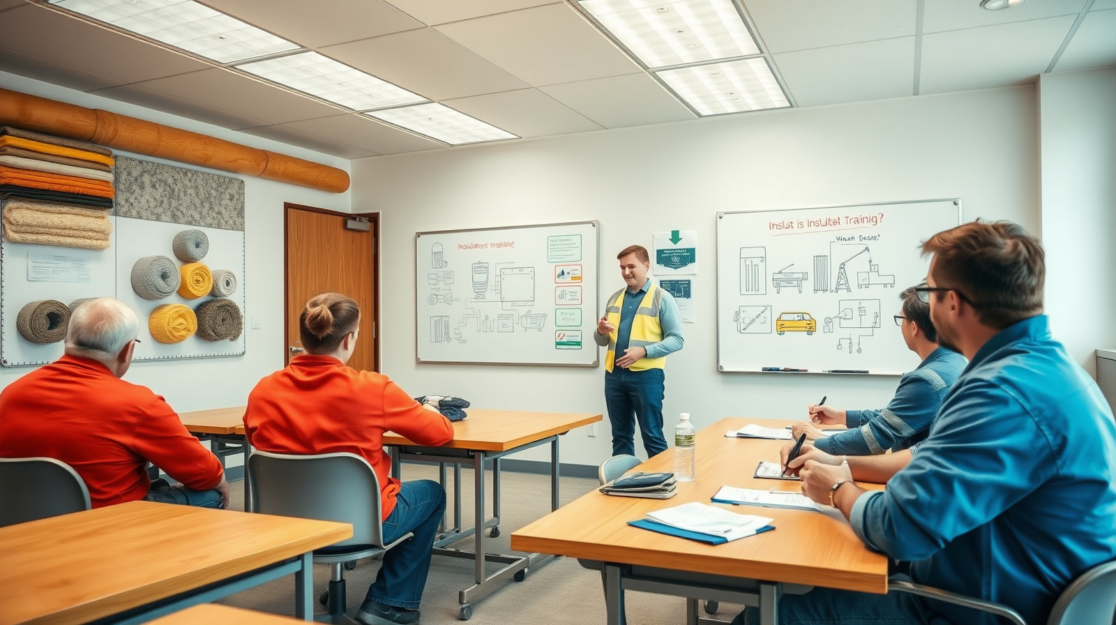 Instructor teaching insulation material science and installation techniques to students in a trade-school classroom