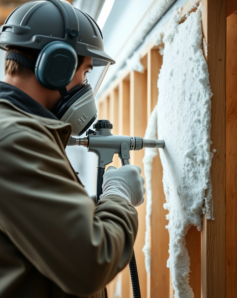 Close-up of a student in PPE using a spray foam gun to apply closed-cell foam during hands-on training